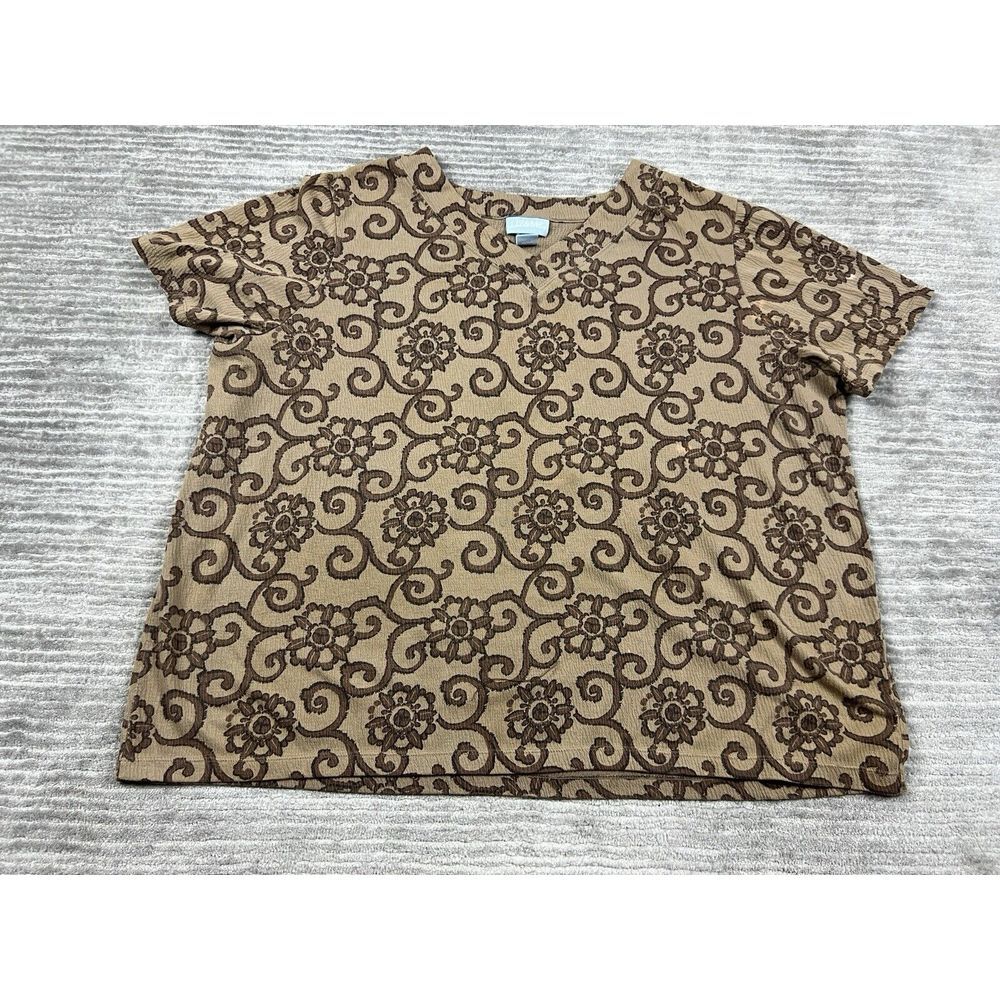 Liz & Me Top Womens 0X‎ Brown Short Sleeve V-Neck Cotton Blend